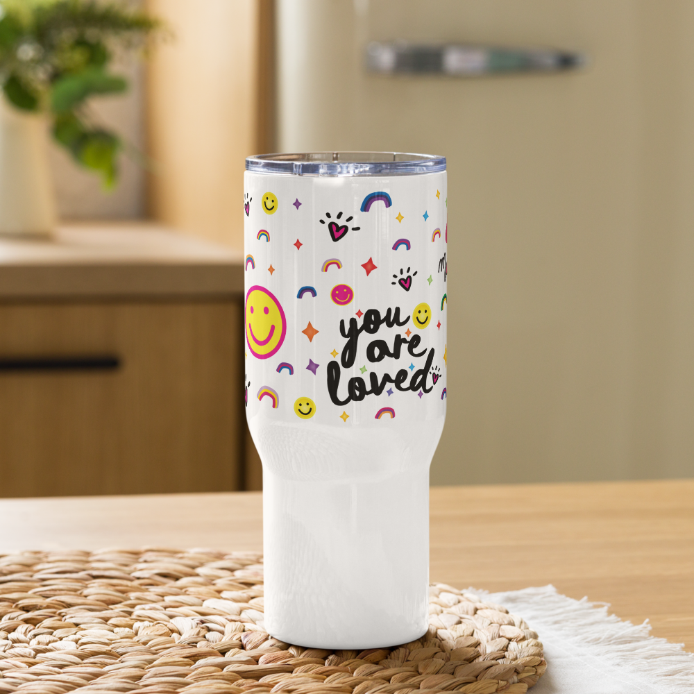 Loveshines Multi-Logo Travel mug with a handle