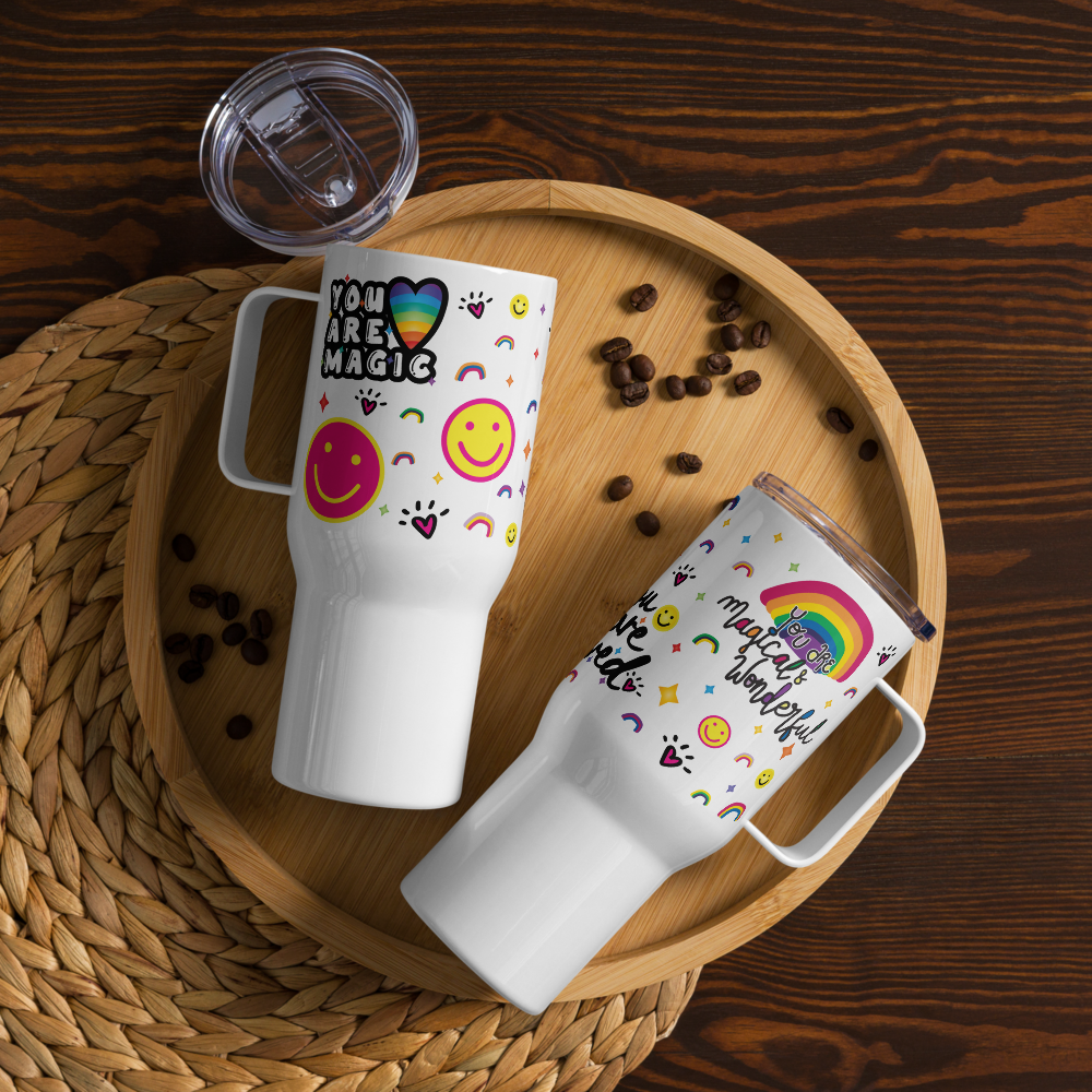 Loveshines Multi-Logo Travel mug with a handle