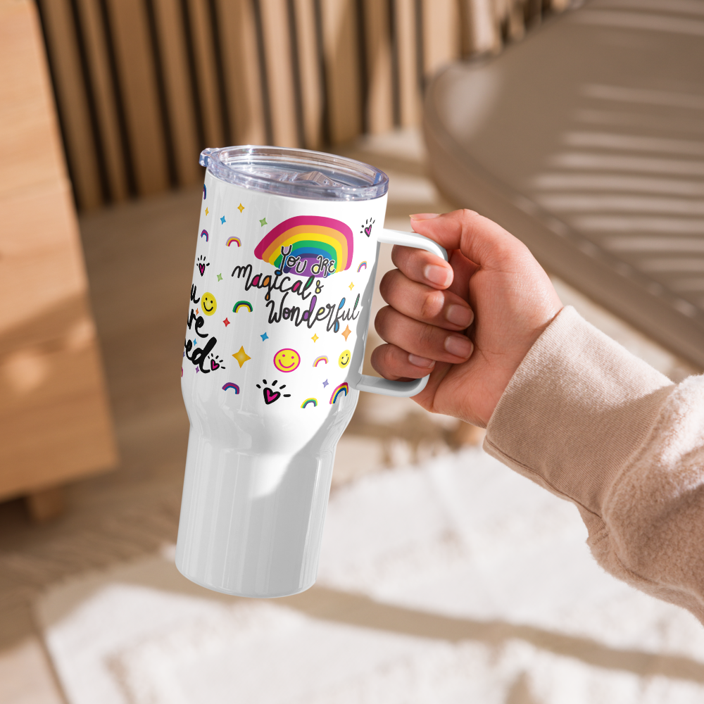 Loveshines Multi-Logo Travel mug with a handle