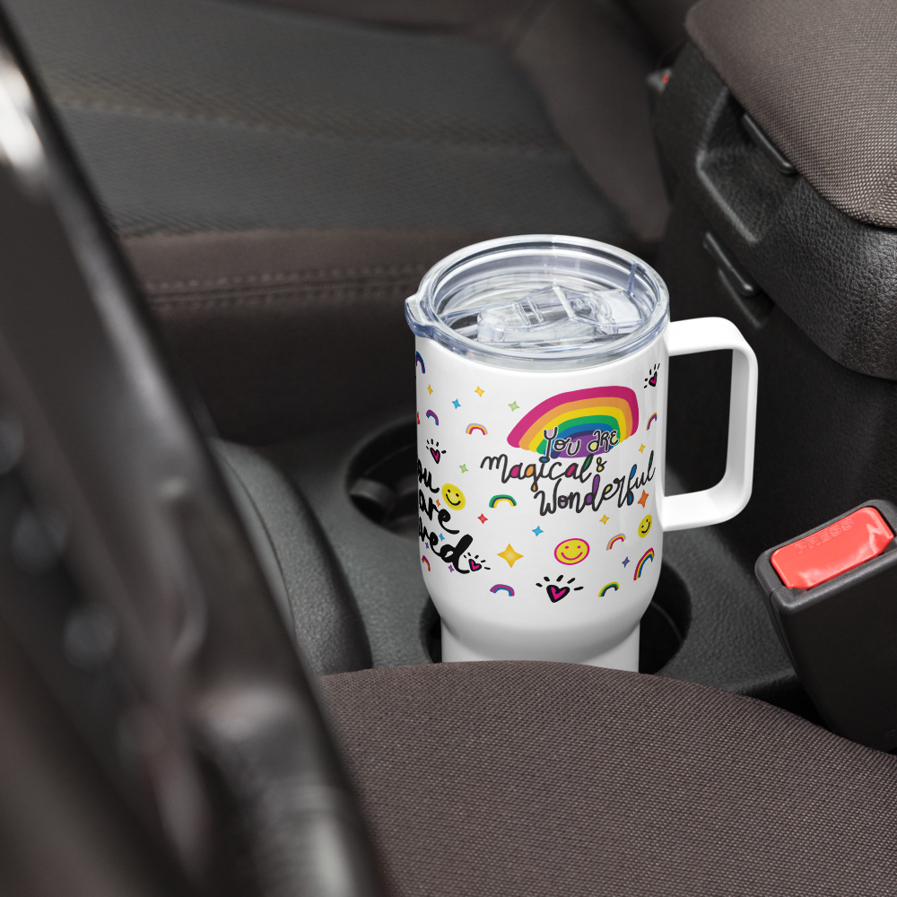 Loveshines Multi-Logo Travel mug with a handle